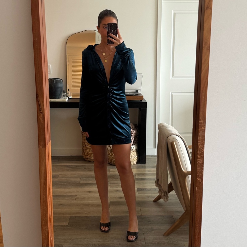 FREE PEOPLE Teal SHAYLA Ruched Seam Button Front Velvet Mini Dress
